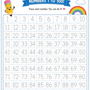 Puede incluir: Una hoja de trabajo educativa blanca titulada TRACE & LEARN NUMBERS 1 TO 100! con una cuadrícula de números punteados del 1 al 100. La página incluye ilustraciones coloridas de un lápiz sonriente, una estrella amarilla, un sol, un arcoíris y flores.