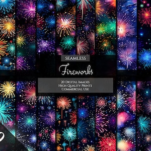 Papel digital Rainbow Fireworks, 20 fogos de artifício de papel digital sem costura para uso comercial, véspera de ano novo, papel digital para impressão de 4 de julho
