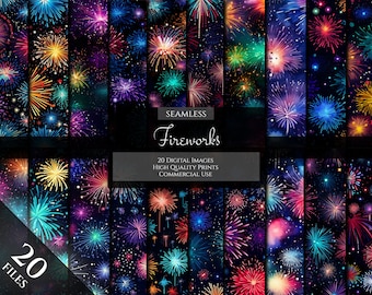 Rainbow Fireworks Digital Paper, 20 Seamless Digital Paper Fireworks For Commercial Use, News Years Eve, 4th Of July Printable Digital Paper