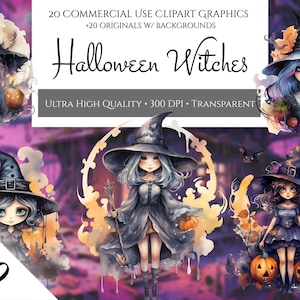 Halloween Witches Clipart Pack, PNG Watercolor Magic Witch For Commercial Use, Halloween Witches, Junk Journal, Paper Crafts Scrapbooking