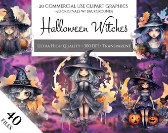 Halloween Witches Clipart Pack, PNG Watercolor Magic Witch For Commercial Use, Halloween Witches, Junk Journal, Paper Crafts Scrapbooking