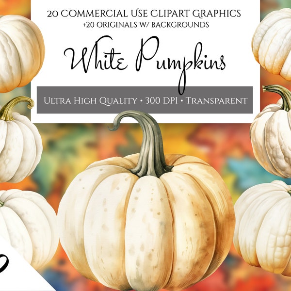 20 Watercolor White Pumpkin Clipart Pack, Autumn watercolor in PNG format instant download for commercial use, Thanksgiving White Pumpkins