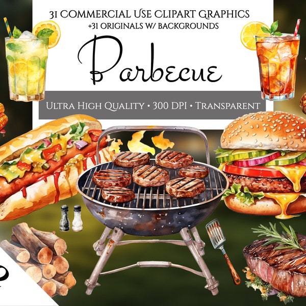 Watercolor Barbecue Clip Art BBQ png Picnic Clipart Grill Food Clipart Grill Transparent Grilled Steak Veggies BBQ Party Set Commercial Use