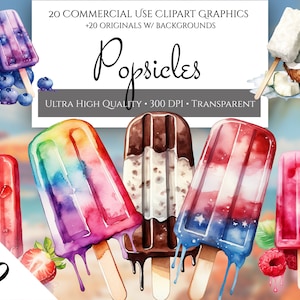 Aquarell Eis am Stiel Clipart Pack, 20 hochwertige PNG Köstliche Eis am Stil für den kommerziellen Gebrauch, lebendige Sommer Clipart Sofort-Download