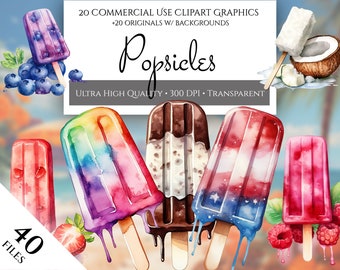 Watercolor Popsicles Clipart Pack, 20 High Quality PNG Delicious Popsicles For Commercial Use, Vibrant Summer Clipart Instant Download