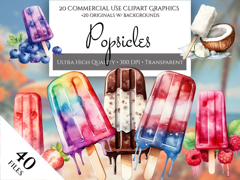 Watercolor Popsicles Clipart Pack, 20 High Quality PNG Delicious ...