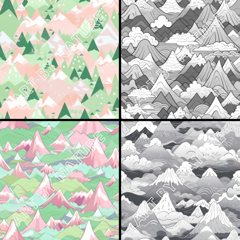 Cartoon Mountains Seamless Digital Paper | Printable PNG Scrapbook ...