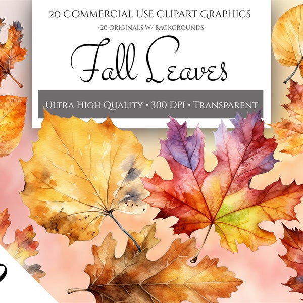 20 Watercolor Fall Leaves Clipart, Autumn Clipart, Fall PNG Clipart, Thanksgiving, Halloween, Yellow Red Leaf, Aspen, Birch, Oak, Maple