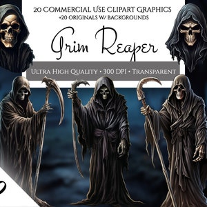 May include: A digital clipart set of 40 Grim Reaper illustrations. The images feature a skeletal figure in a black hooded robe, holding a scythe and standing in a dark, shadowy setting. The images are high quality and transparent, making them ideal for use in a variety of projects.
