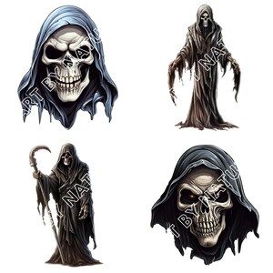May include: Four digital illustrations of the Grim Reaper. The first image is a close-up of the Grim Reaper's skull with a blue hooded robe. The second image is a full-body illustration of the Grim Reaper with a brown hooded robe. The third image is a full-body illustration of the Grim Reaper with a black hooded robe and a scythe. The fourth image is a close-up of the Grim Reaper's skull with a black hooded robe.
