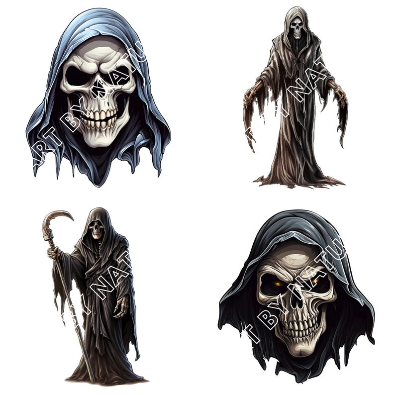 May include: Four digital illustrations of the Grim Reaper. The first image is a close-up of the Grim Reaper's skull with a blue hooded robe. The second image is a full-body illustration of the Grim Reaper with a brown hooded robe. The third image is a full-body illustration of the Grim Reaper with a black hooded robe and a scythe. The fourth image is a close-up of the Grim Reaper's skull with a black hooded robe.
