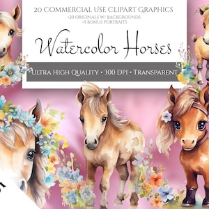 Baby Horses PNG Bundle, Watercolor Floral Baby Horses Printable Clipart For Commercial Use, Nursery Farm Animal Wall Art, Instant Download