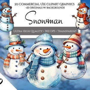May include: A set of 40 digital clipart images of watercolour snowmen. The snowmen are wearing hats and scarves in various colours and patterns. The images are high quality and 300 DPI.