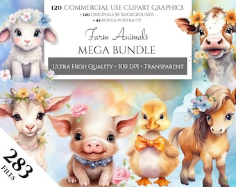 Farm Animals Clipart Mega Bundle | Watercolor Printable Transparent PNGs For Commercial Use, Nursery Decor, Baby Barn Animals, Scrapbooking