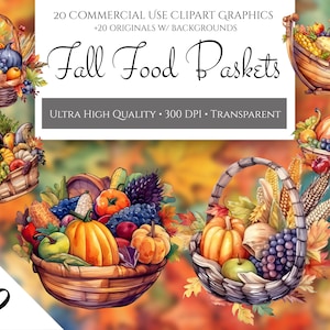 Clipart di bouquet di cibo autunnale ad acquerello - cestini di cibo in vimini ad acquerello per il Ringraziamento autunnale in formato PNG download immediato per uso commerciale