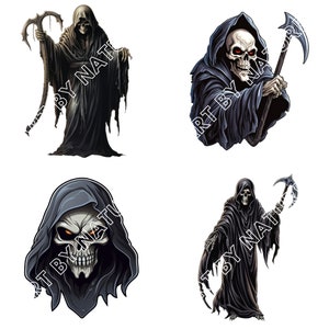 May include: Four digital illustrations of the Grim Reaper, a skeletal figure in a black hooded robe, holding a scythe. The Reaper is depicted in different poses and angles.