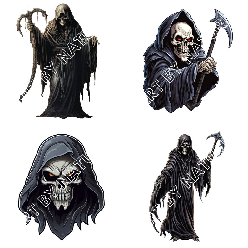 May include: Four digital illustrations of the Grim Reaper, a skeletal figure in a black hooded robe, holding a scythe. The Reaper is depicted in different poses and angles.