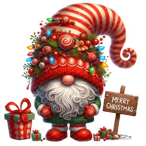 Watercolor Merry Christmas Gnome Clipart, Transparent PNG Christmas Gnome, Fantasy Creature, Winter Holiday, Commercial Use, DIY Card Making