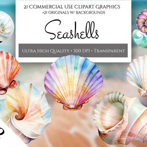 Watercolor Seashells Clipart Pack, 20 High Quality PNG Seashell Designs For Commercial Use, Summer and Beach Clipart, Scrapbooking Vacation