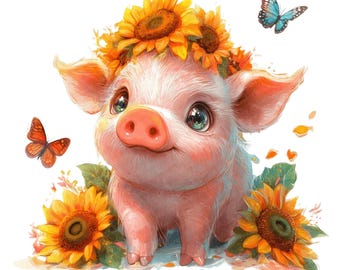 32 Adorable Watercolor Pigs Clipart Bundle for Commercial Use, Cute Sunflower Floral Piglets, High Quality JPGs, Nursery Farm Animal Decor
