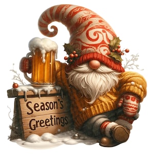 Watercolor Season's Greetings Christmas Gnome Clipart, Transparent PNG, Fantasy Creature, Winter Holiday, Commercial Use, DIY, Card Making