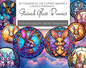 Stained Glass Bunnies Clipart Bundle, Digital Rabbit printable PNG graphics with transparent background, instant download for commercial use