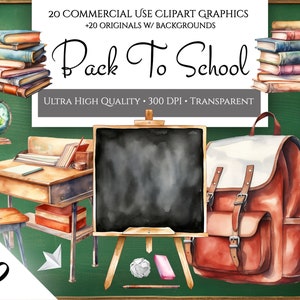 Back To School Clipart Variety Pack, 20 hochwertige PNG Schul Clipart für den kommerziellen Gebrauch, Aquarell Clipart für Lehrer, Schreibtische, Globes