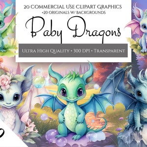 20 Adorable Watercolor Baby Dragon Clipart, High Quality PNG Cute Baby Dragons For Commercial Use, Printable Nursery Watercolour Wall Art