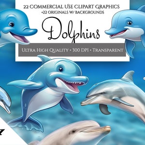 Dolphin Clipart Pack, Clipart for Commercial Use, Transparent PNGs, Marine Life Clipart, Sea Life, Ocean Life, Dolphins, Wall Art