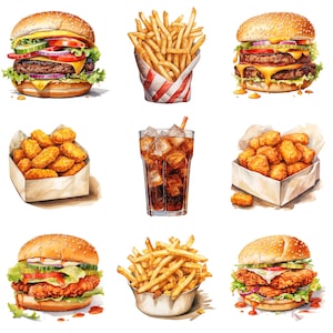 50 Fast Food Megabundle Clipart PNG, Watercolor Fast Food, Lunch Art, Food Graphics, Burger PNG, Food Images, Scrapbooking, Digital Prints