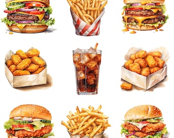 50 Fast Food Megabundle Clipart PNG, Watercolor Fast Food, Lunch Art, Food Graphics, Burger PNG, Food Images, Scrapbooking, Digital Prints