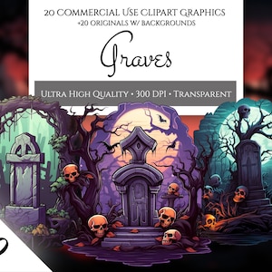 Spooky Graves Clipart Pack, 20 enge PNG-grafsteen Clipart voor commercieel gebruik, Halloween-clipart, shirtontwerp, afdrukbare kerkhoven