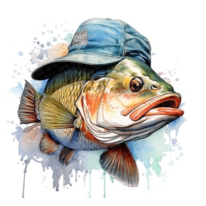 12 Funny Bass Fish Watercolor Clipart, Funny Bass Fish, Sublimation, Fish PNG, Gifts For Fishermen, , Commercial Use, Digital Download