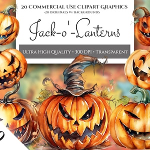 Halloween Pumpkin Clipart Pack, 20 High Quality PNGs Digital Planner, Junk Journals, Watercolor, Halloween, Commercial Use, Digital Download