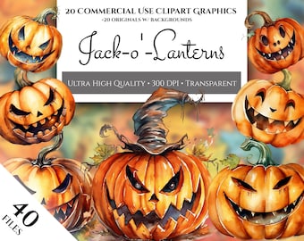 Halloween Pumpkin Clipart Pack, 20 High Quality PNGs Digital Planner, Junk Journals, Watercolor, Halloween, Commercial Use, Digital Download