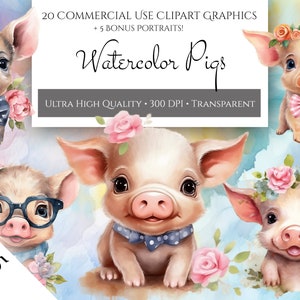 Adorable Watercolor Pigs Clipart Bundle, Cute floral piglets PNG, nursery farm animal decor, Printable clipart for Commercial Use