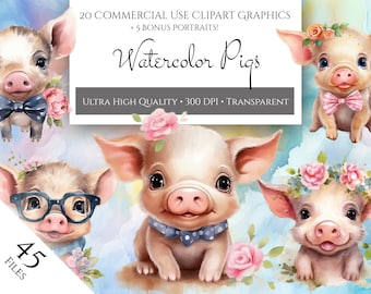 Adorable Watercolor Pigs Clipart Bundle, Cute floral piglets PNG, nursery farm animal decor, Printable clipart for Commercial Use