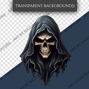 May include: A black hooded figure with a skull face. The skull has empty eye sockets and a prominent jawline. The hood is pulled low over the skull's head, casting a shadow over the face.