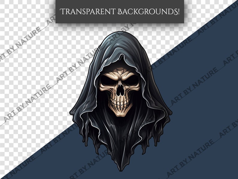 May include: A black hooded figure with a skull face. The skull has empty eye sockets and a prominent jawline. The hood is pulled low over the skull's head, casting a shadow over the face.