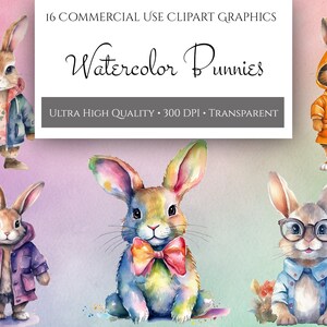 Aquarel konijntje clipartpakket, clipart voor commercieel gebruik, transparante png-bestanden, kinderkamer lente clipart, paashaas, kunst aan de muur