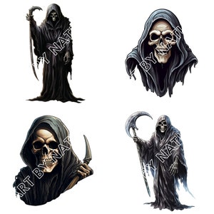 May include: Four digital illustrations of the Grim Reaper, a skeletal figure in a black hooded robe, holding a scythe. The illustrations are in different poses and angles.