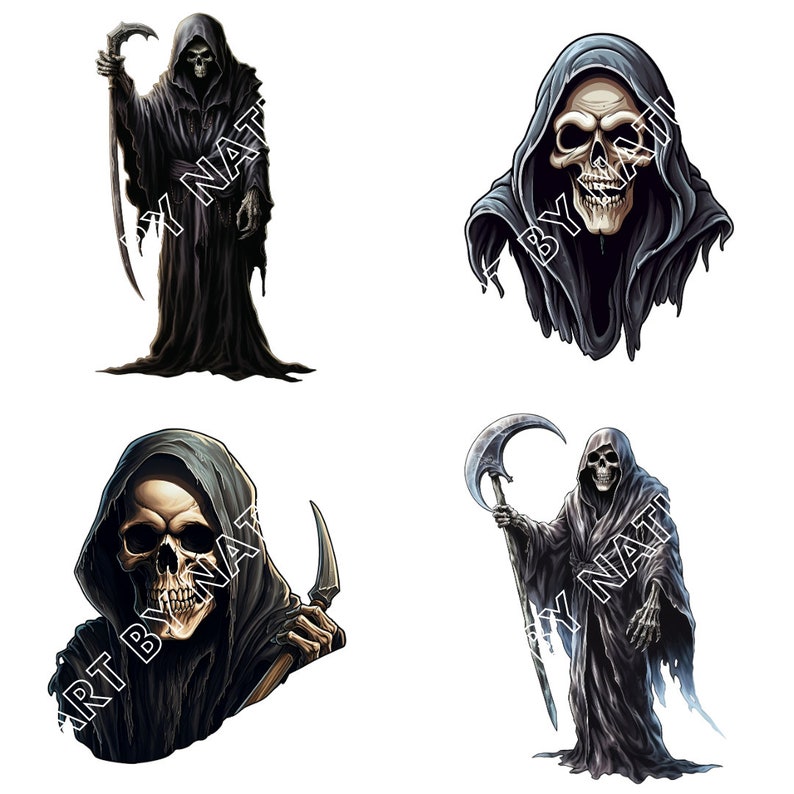 May include: Four digital illustrations of the Grim Reaper, a skeletal figure in a black hooded robe, holding a scythe. The illustrations are in different poses and angles.