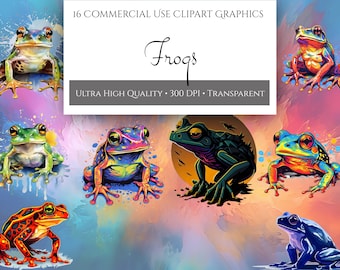 Cute Frog Clipart Bundle, Printable PNG Graphics, Commercial Use