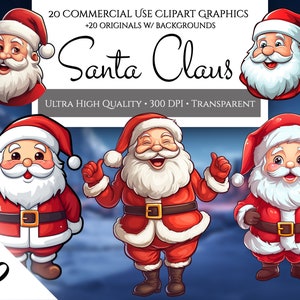 May include: A set of 40 digital clipart images of Santa Claus in various poses. The images are high quality and 300 DPI. They are perfect for commercial use and come with backgrounds.