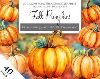 Watercolor Fall Pumpkin Clipart Pack, Autumn watercolor in PNG format instant download for commercial use, Thanksgiving Pumpkins