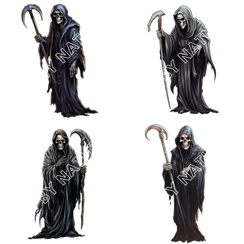 May include: Four digital illustrations of the Grim Reaper, a skeletal figure in a black robe, holding a scythe. Each illustration features a different pose and expression.