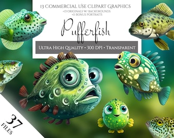 Pufferfish Clipart Pack, Clipart for Commercial Use, Transparent PNGs, Marine Life Clipart, Sea Life, Ocean Life, Pufferfish, Wall Art