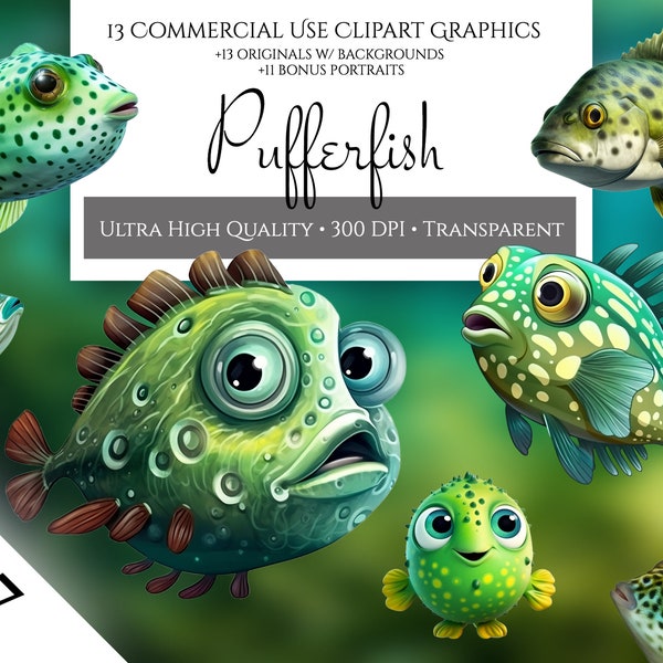 Pufferfish Clipart Pack, Clipart for Commercial Use, Transparent PNGs, Marine Life Clipart, Sea Life, Ocean Life, Pufferfish, Wall Art