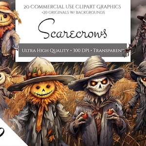 Scarecrow Clipart Pack, 20 high quality PNG spooky scarecrows for commercial use, scary scrapbooking, junk journaling, Halloween clipart
