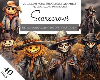 Scarecrow Clipart Pack: Spooky Halloween PNG Graphics (Commercial Use)